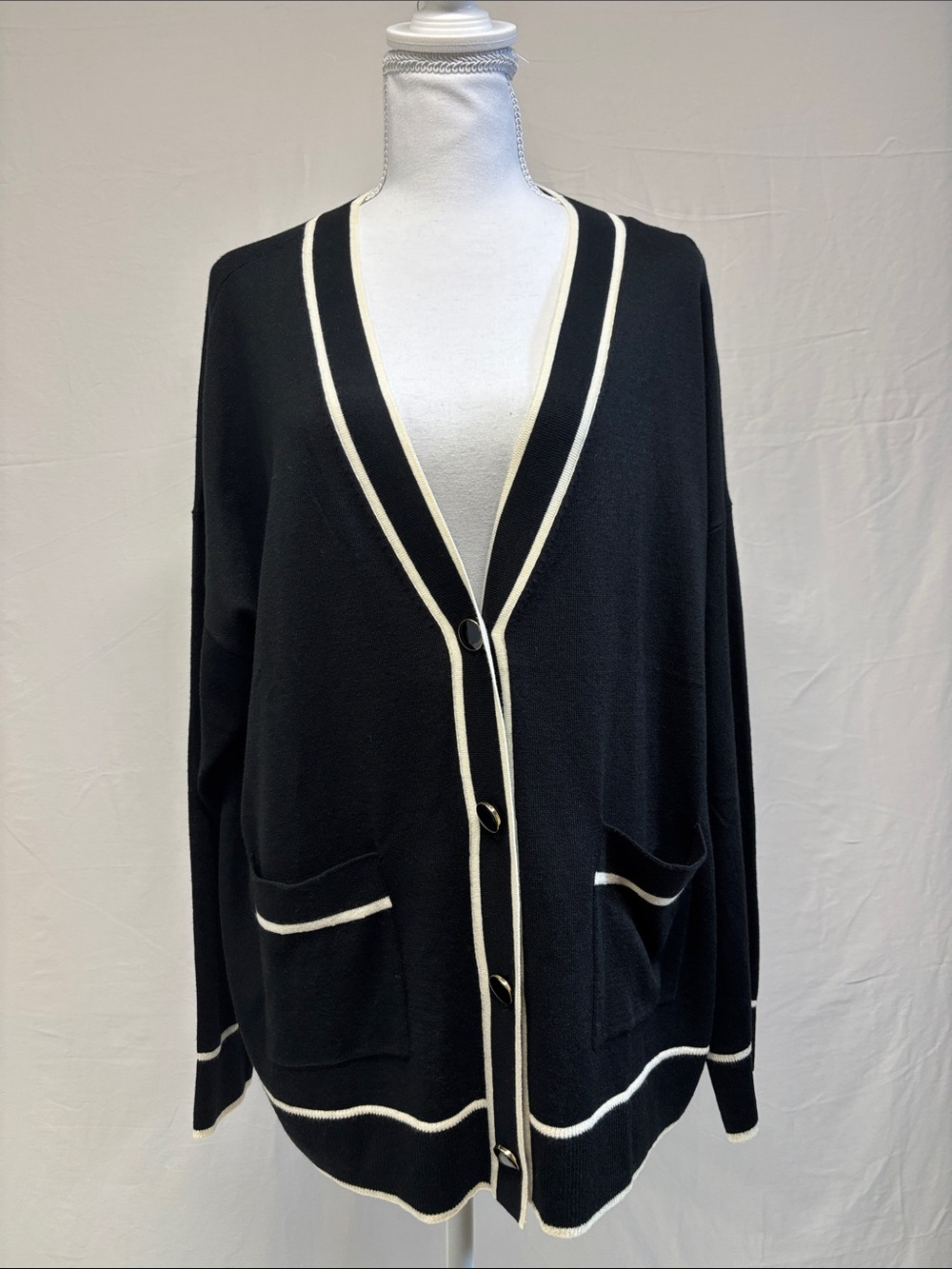 Addition Elle Black Cardigan with Cream Trim